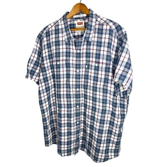 Levi’s Linen Button Down Cotton Plaid Red White Blue Short Sleeve Size XXL - Picture 1 of 6